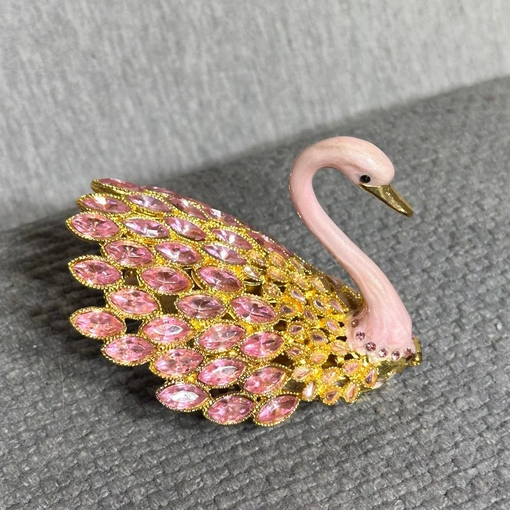 Jeweled Swan Trinket Box Gold Pink Rhinestone Enamel Hinged Keepsake Decor